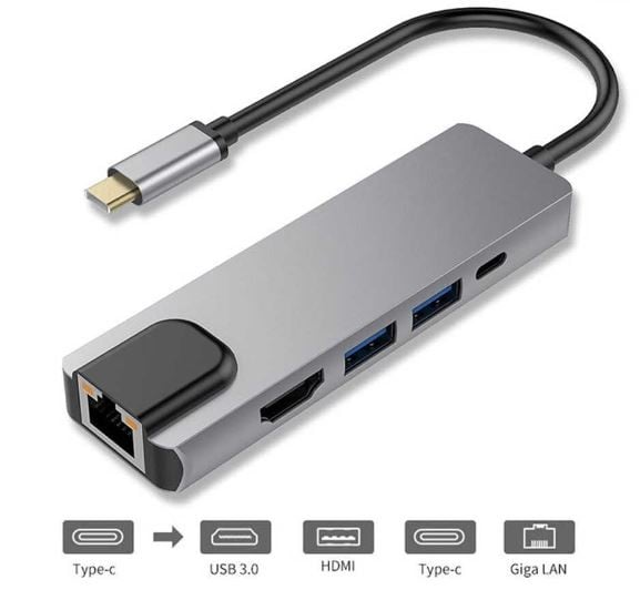 TIPO C A 5 EN 1 (LAND + TIPO C + 2 PUERTOS USB 3.0 + HDMI)