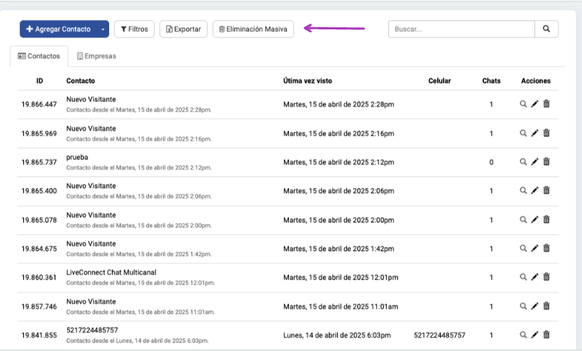 Ubicación de botón de eliminación masiva