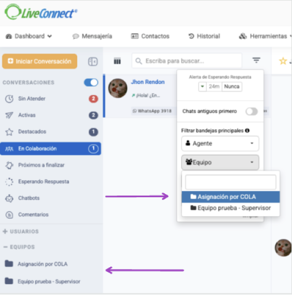 Ubicación del filtro por equipos para una gente supervisor en LiveConnect