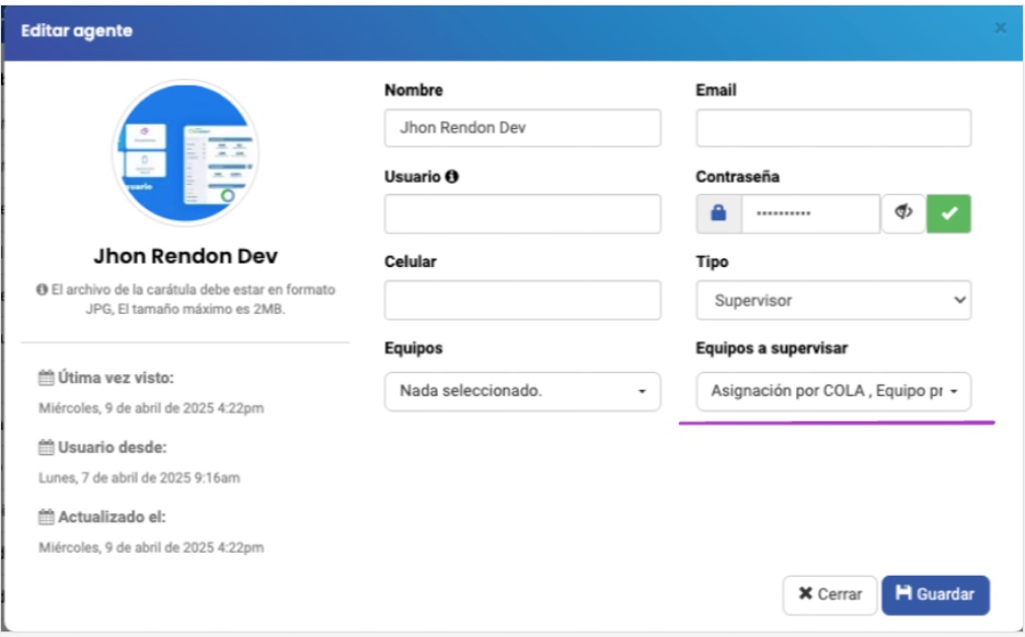 Recuadro con datos de configuración del usuario, donde se están seleccionando los equipos que un supervisor de LiveConnect puede visualizar