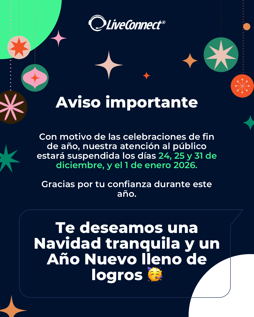 Aviso horario días de navidad y año nuevo