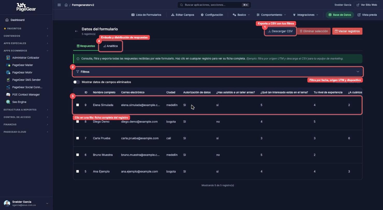 Panel de datos con la tabla de respuestas, filtros y botón para descargar CSV