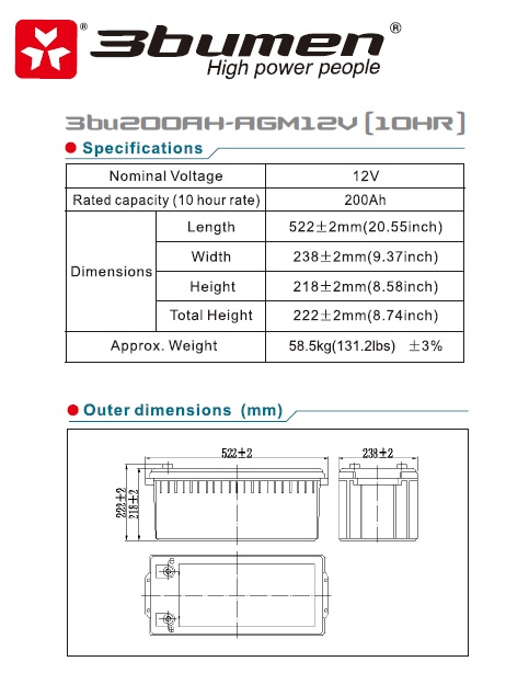 200ah 12V Batería AGM libre de mantenimiento 10HR SLA/VRLA Sellada