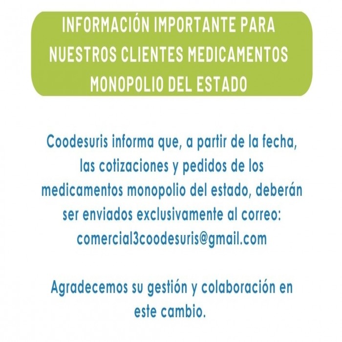 NUEVO CORREO PARA PEDIDO DE: MEDICAMENTOS CONTROL ESPECIAL MONOPOLIO DEL ESTADO
