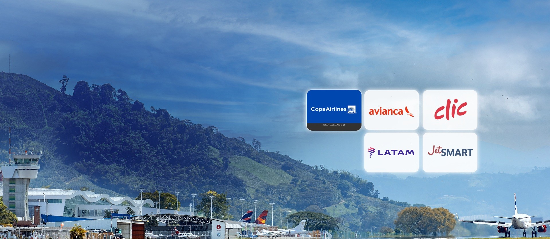 Banner de Si lo tuyo es viajar, desde *El aeropuerto Matecaña* tienes* 5 aerolíneas* que despegan hacia todos sus destinos.