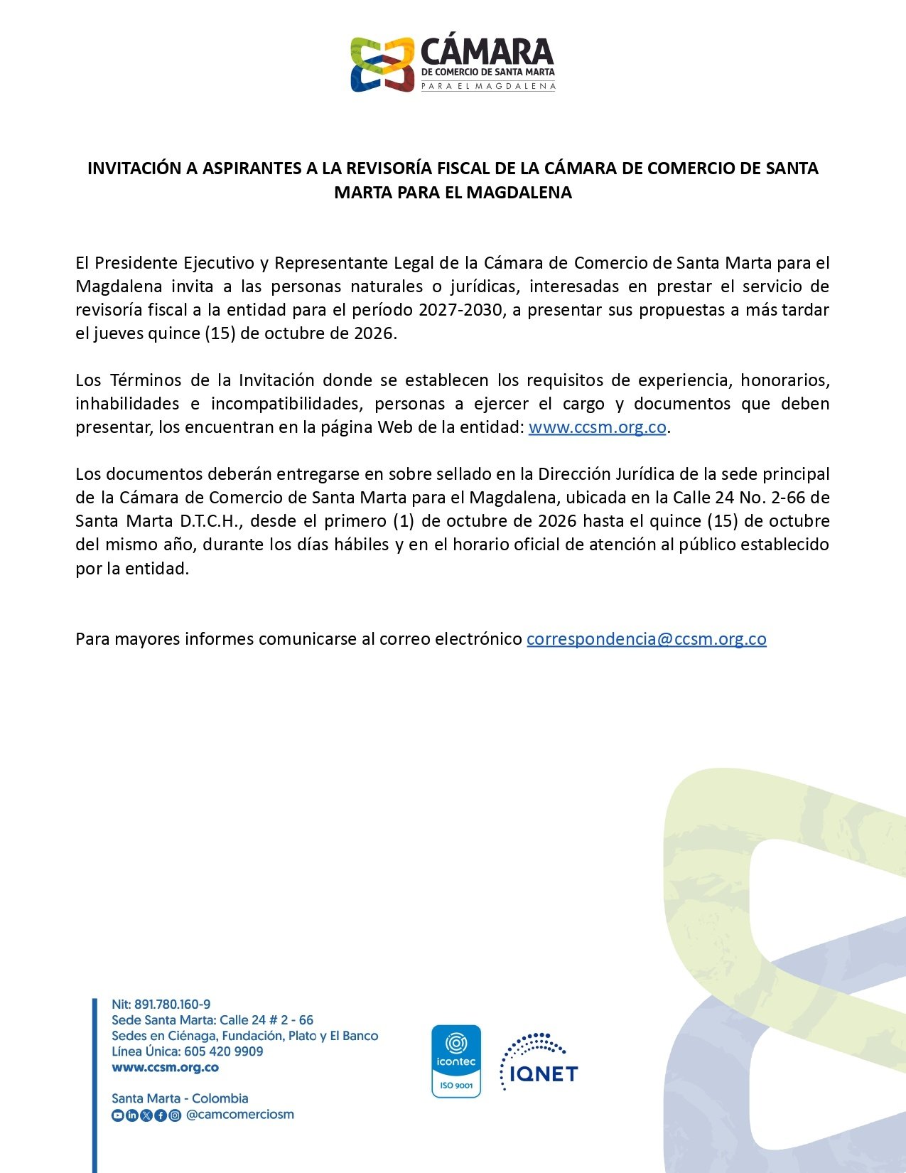 Invitación a presentar propuesta para la elección de Revisor Fiscal de la Cámara de Comercio de Santa Marta para el Magdalena