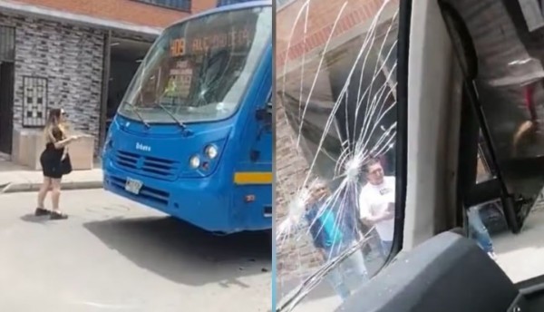 Mujer furiosa ataca con martillo a un bus del SITP
