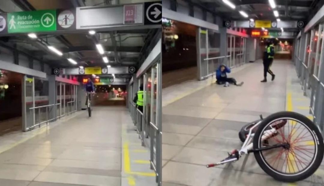 La peligrosa pirueta en bicicleta de un joven en una estación del TransMilienio 