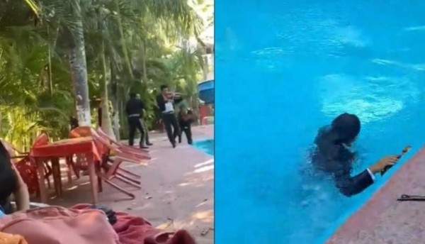 ¿Serenata o chapuzón? Mariachi desconcentrado cae a una piscina en un evento especial
