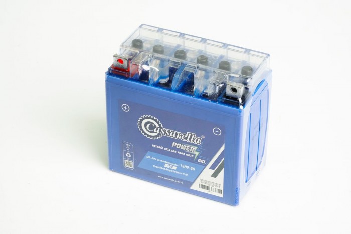 BATERIA CASSARELLA GEL 12N9-BS BAJAJ: PULSAR 180/200/220. VICTORY: NITRO 151R.  TVS: APACHE RTR  160/180/200, RTR 160 4V, TVS ROCKZ. SIGMA: SG100T.JINGCHENG JC 90-125-150; AKT 3W 200 MOTOCA, EVO(405)